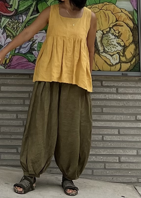 yellow linen square neck top