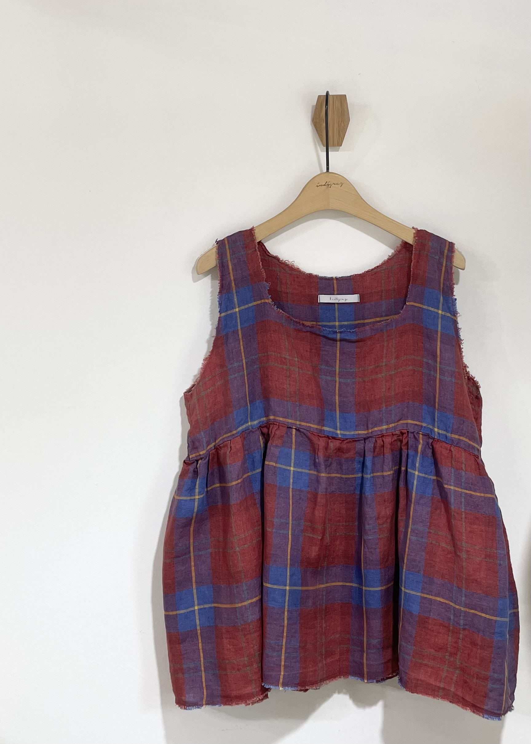 red check linen square neck top