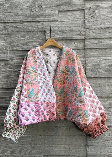 Indian cotton reversible short jacket_coral pink patchwork