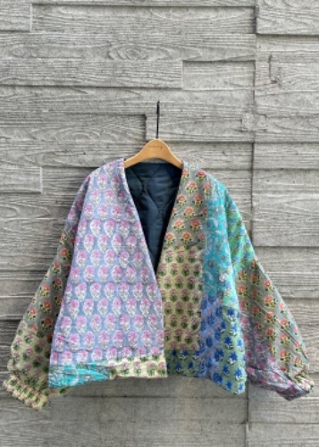 Indian cotton reversible short jacket_olive patchwork